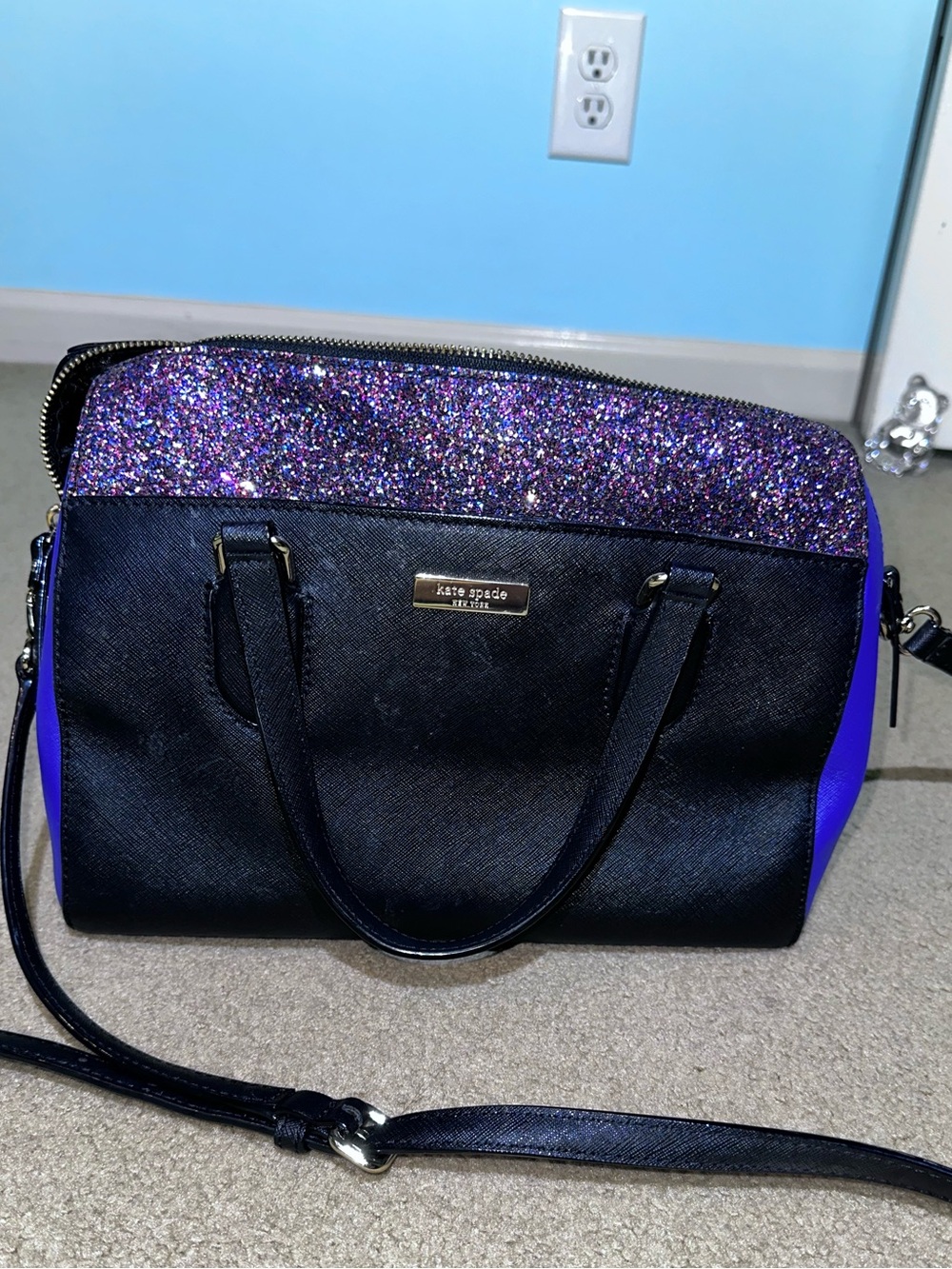 Black Kate Spade Laurel Way Glitter Alisanne Handbag with Purple Accent Panels